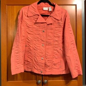 Zenergy  Chico’s  lightweight shirred coral shimmer snap collard jacket Size1/M